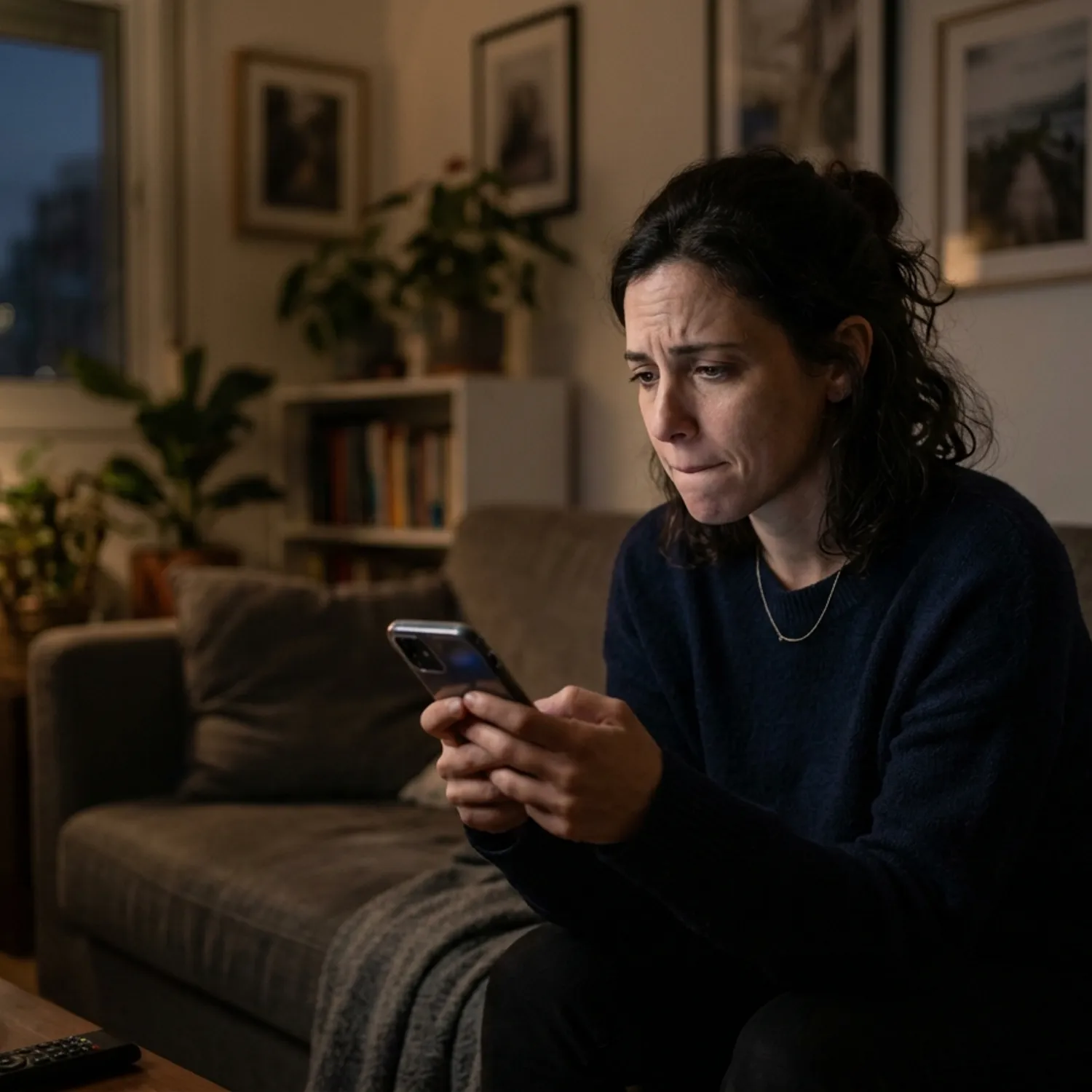 צילום ריאליסטי של אישה מודאגת מביטה בטלפון שלה בסלון ביתה, מחכה לשיחה שלא מגיעה. האור בחדר מעומעם, מדגיש את תחושת חוסר הוודאות והתסכול שלה.