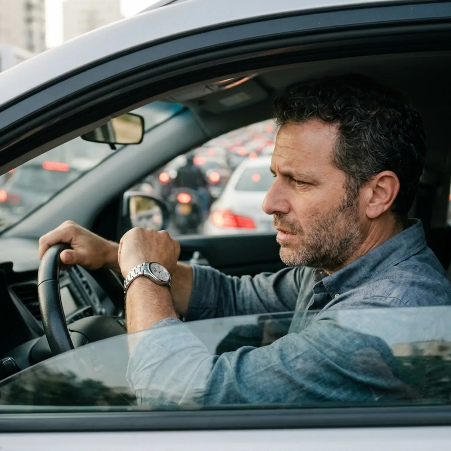 צילום ריאליסטי של גבר יושב ברכבו בפקק תנועה בשעות הבוקר, מביט בשעון בלחץ, מבט מהצד של הנהג דרך החלון הפתוח למחצה, תאורת בוקר טבעית שמדגישה את עומס התנועה סביבו