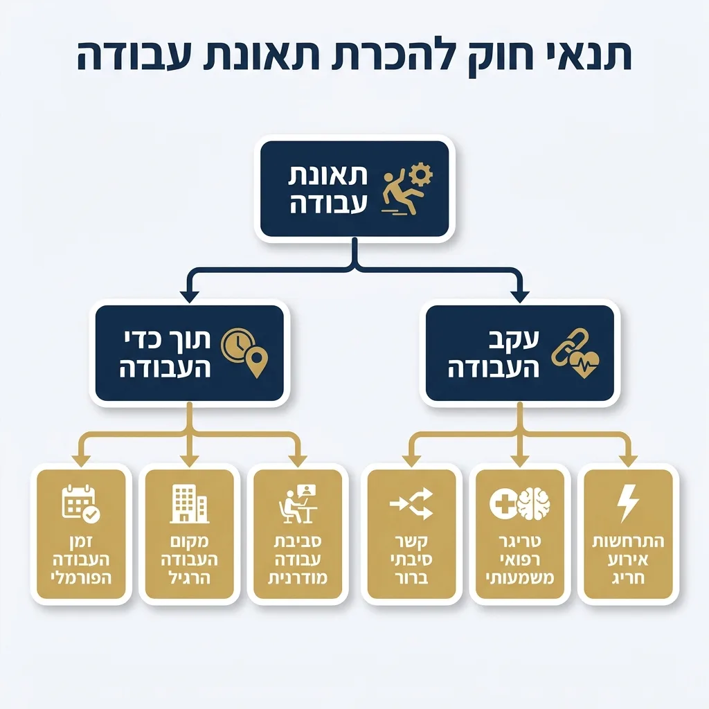 אינפוגרפיקה — תנאי חוק להכרת תאונת עבודה: תאונת עבודה