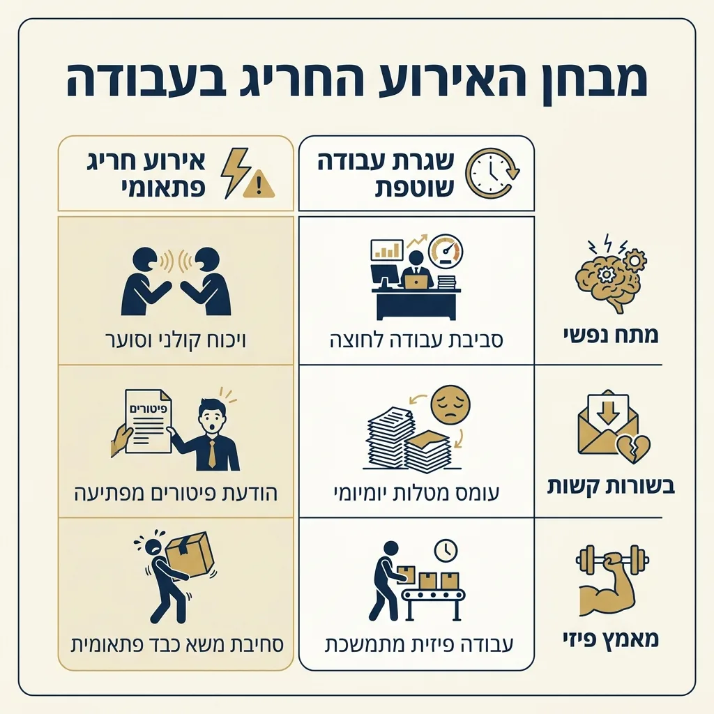 אינפוגרפיקה — מבחן האירוע החריג בעבודה: השוואה בין אירוע חריג פתאומי, שגרת עבודה שוטפת