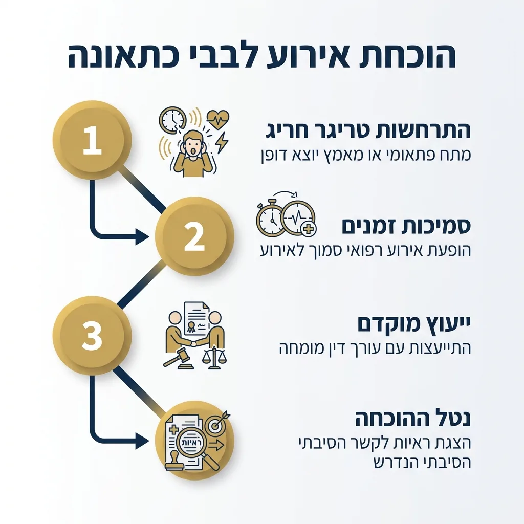 אינפוגרפיקה — הוכחת אירוע לבבי כתאונה: התרחשות טריגר חריג, סמיכות זמנים, ייעוץ מוקדם, נטל ההוכחה
