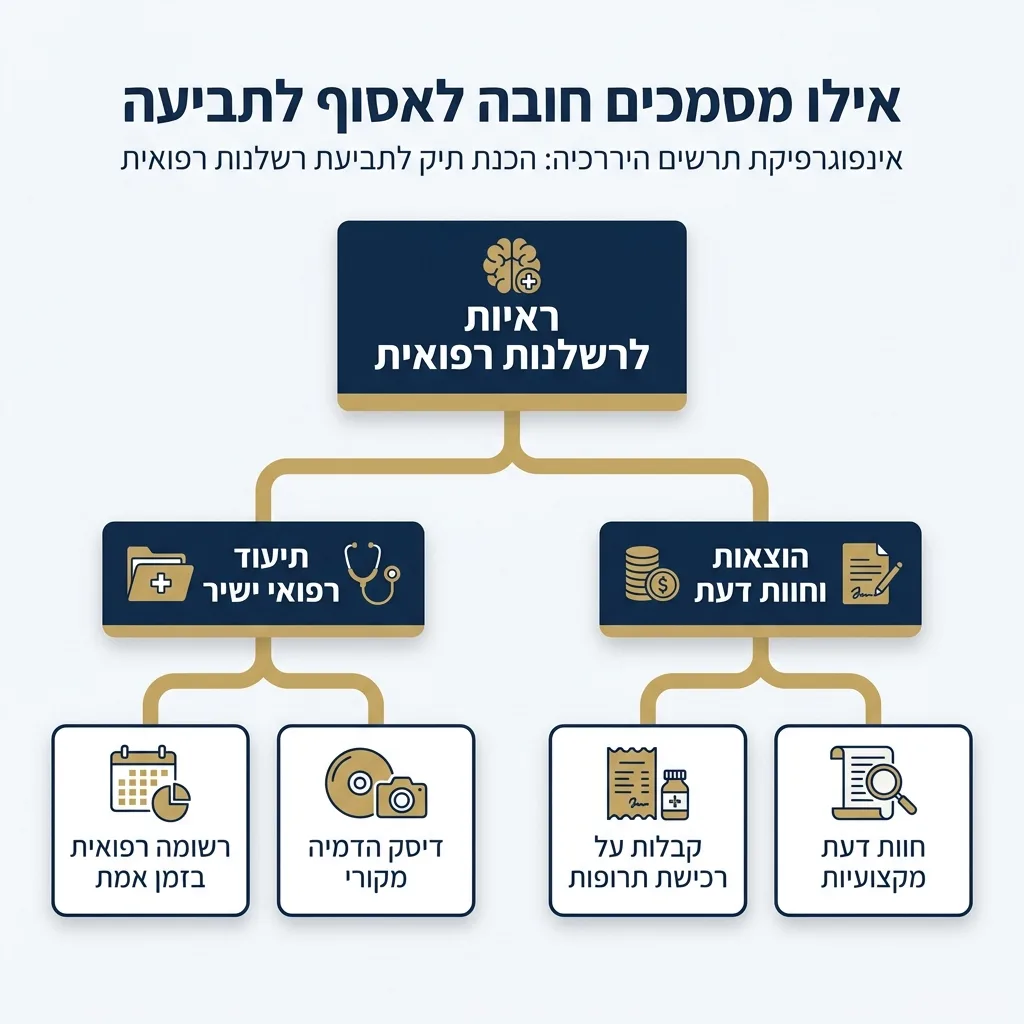 אינפוגרפיקה — אילו מסמכים חובה לאסוף לתביעה: ראיות לרשלנות רפואית
