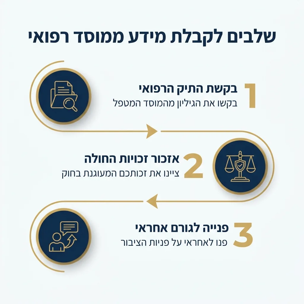 אינפוגרפיקה — שלבים לקבלת מידע ממוסד רפואי: בקשת התיק הרפואי, אזכור זכויות החולה, פנייה לגורם אחראי