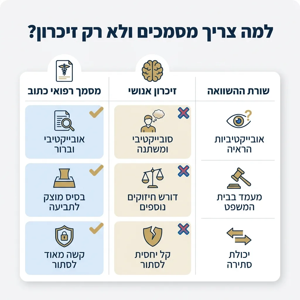 אינפוגרפיקה — למה צריך מסמכים ולא רק זיכרון?: השוואה בין זיכרון אנושי, מסמך רפואי כתוב