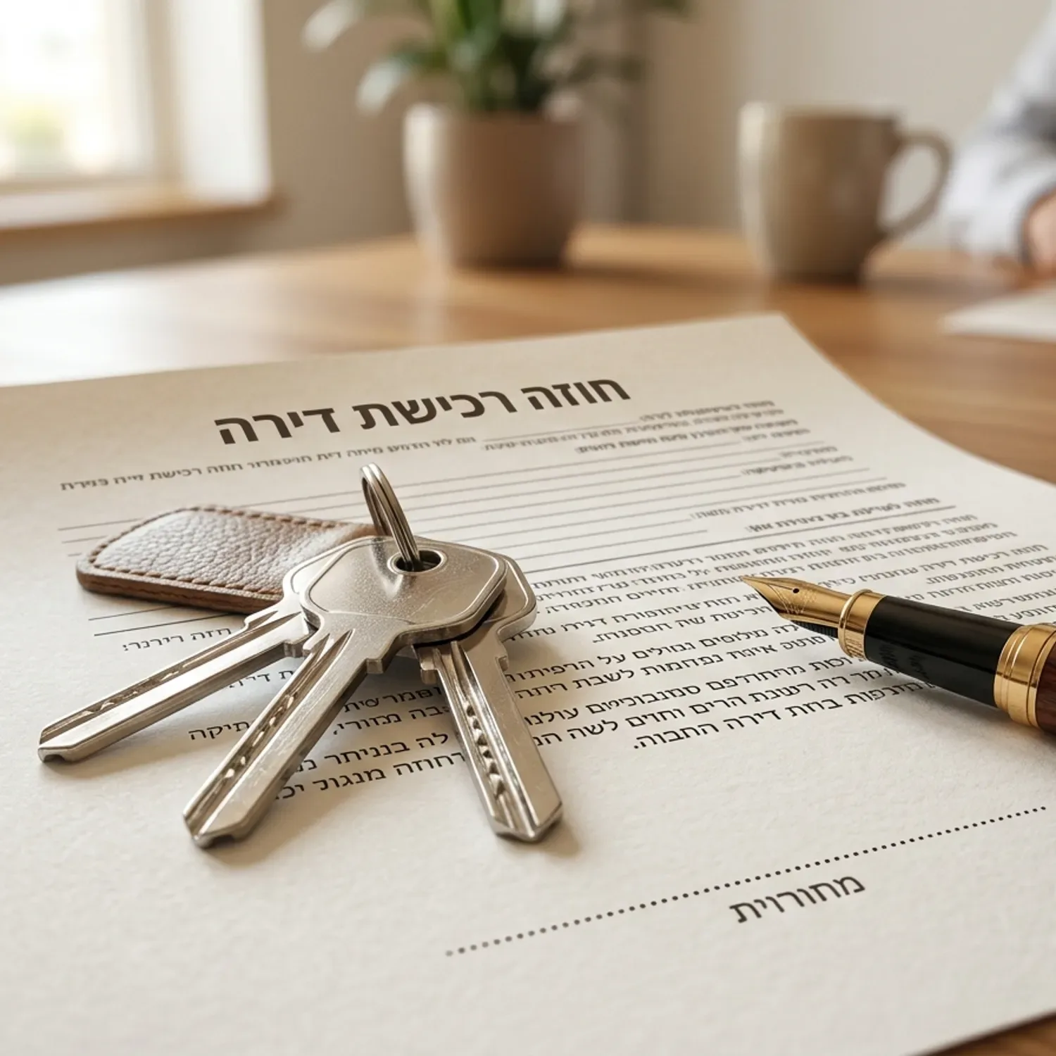צילום תקריב פוטו-ריאליסטי של מפתחות דירה חדשים מונחים על חוזה רכישה מודפס, עט נובע יוקרתי לצידם, תאורת משרד חמימה, עומק שדה רדוד