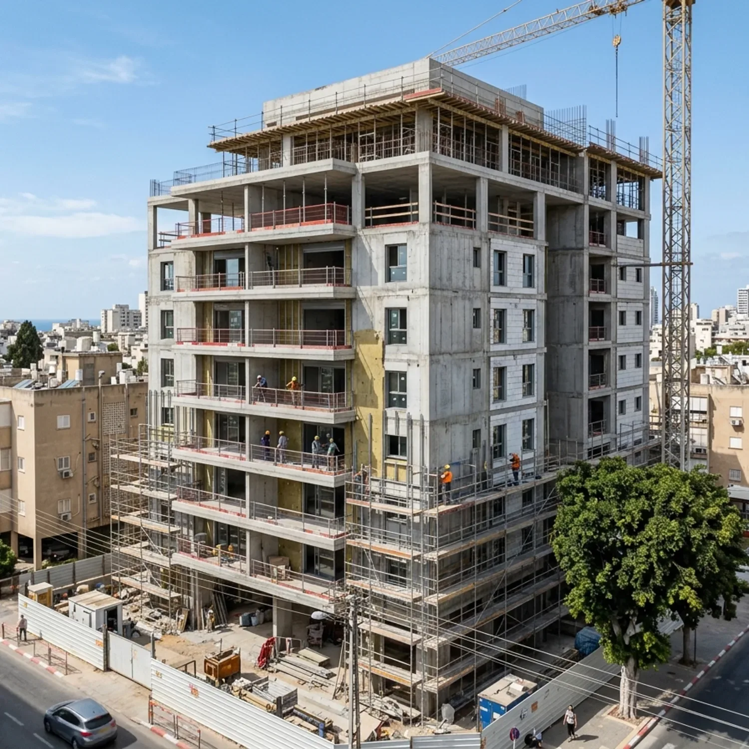 צילום מקצועי של בניין מגורים חדש בבנייה בישראל, צולם מזווית רחבה ביום בהיר, פיגומים חלקיים, פוקוס על המבנה האדריכלי בסביבה עירונית אמיתית