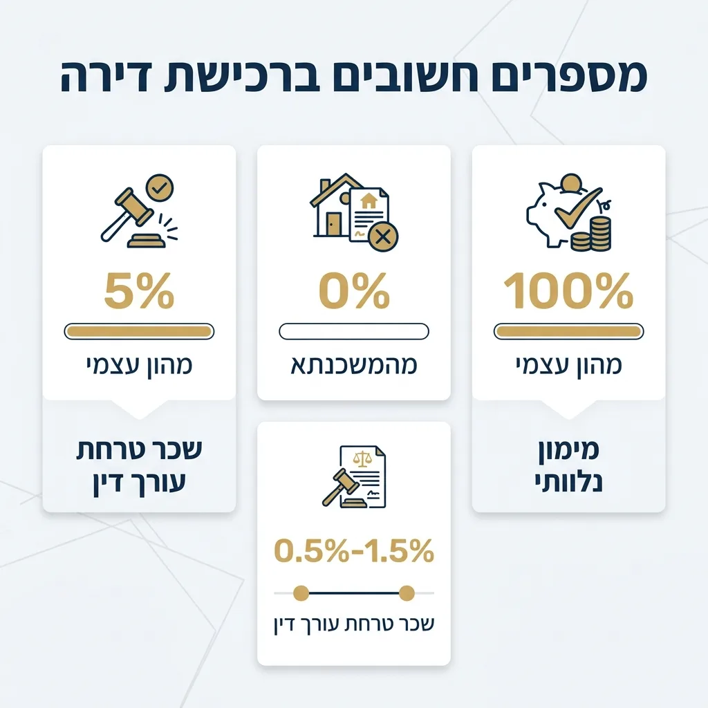 אינפוגרפיקה — מספרים חשובים ברכישת דירה: מימון נלוות מהון עצמי, מימון הוצאות מהמשכנתא, שכר טרחת עורך דין