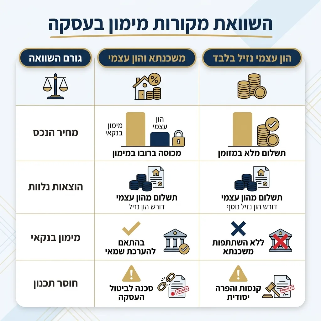 אינפוגרפיקה — השוואת מקורות מימון בעסקה: השוואה בין מחיר הנכס, הוצאות נלוות