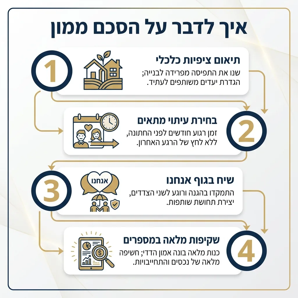 אינפוגרפיקה — איך לדבר על הסכם ממון: תיאום ציפיות כלכלי, בחירת עיתוי מתאים, שיח בגוף אנחנו, שקיפות מלאה במספרים