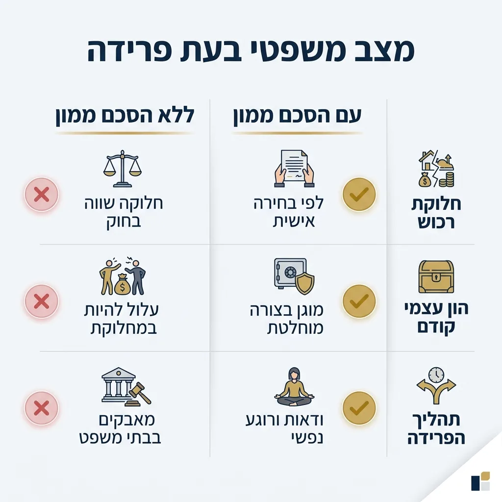 אינפוגרפיקה — מצב משפטי בעת פרידה: השוואה בין עם הסכם ממון, ללא הסכם ממון