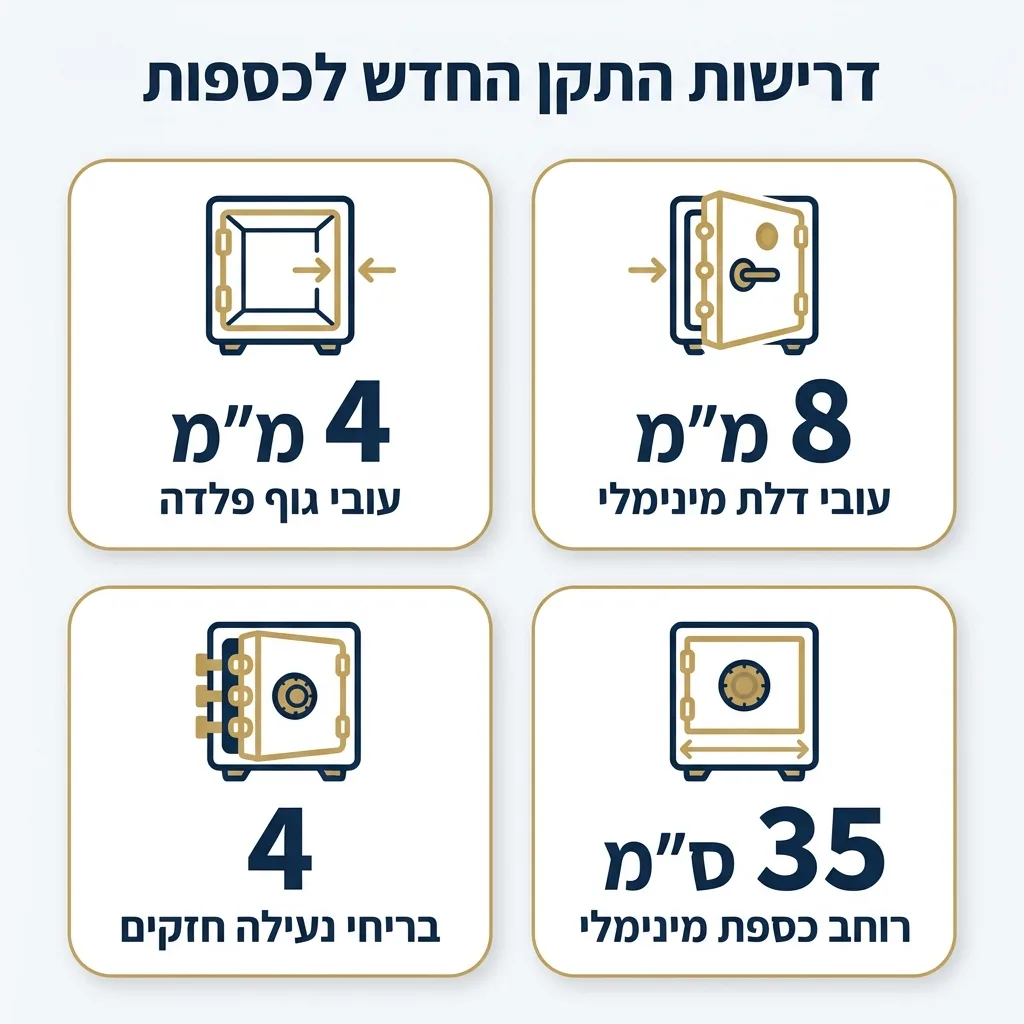 אינפוגרפיקה — דרישות התקן החדש לכספות: עובי גוף פלדה, עובי דלת מינימלי, בריחי נעילה חזקים, רוחב כספת מינימלי