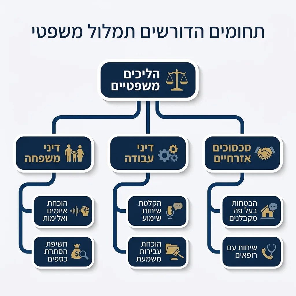 אינפוגרפיקה — תחומים הדורשים תמלול משפטי: הליכים משפטיים