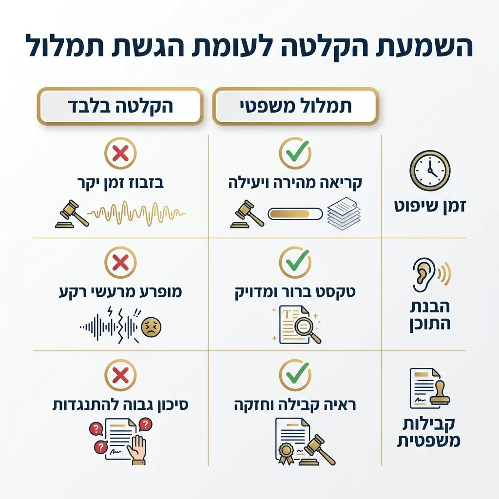 אינפוגרפיקה — השמעת הקלטה לעומת הגשת תמלול: השוואה בין הקלטה בלבד, תמלול משפטי