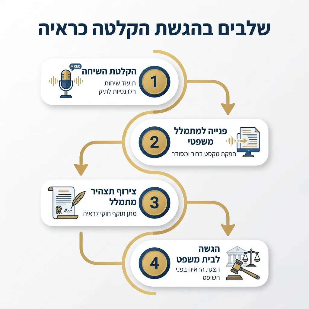 אינפוגרפיקה — שלבים בהגשת הקלטה כראיה: הקלטת השיחה, פנייה למתמלל משפטי, צירוף תצהיר מתמלל, הגשה לבית משפט
