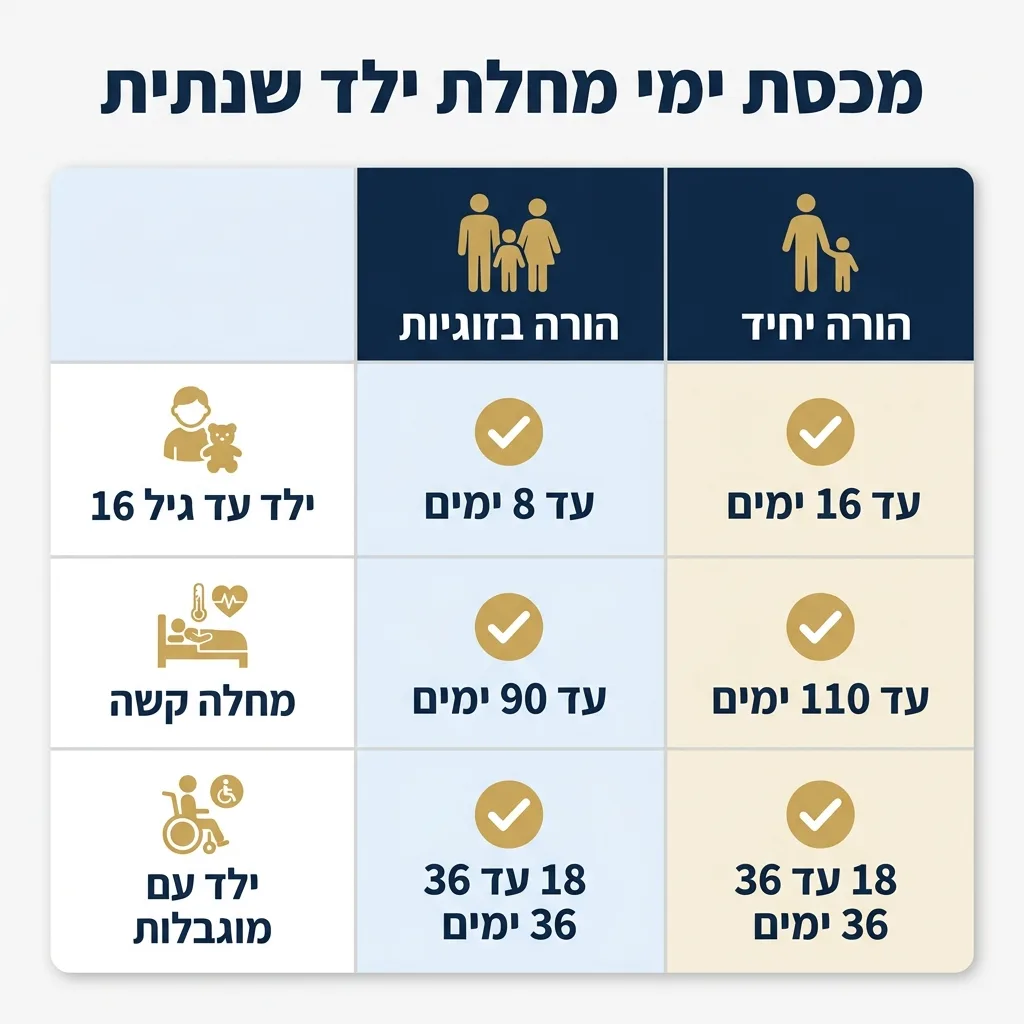 אינפוגרפיקה — מכסת ימי מחלת ילד שנתית: השוואה בין הורה בזוגיות, הורה יחיד