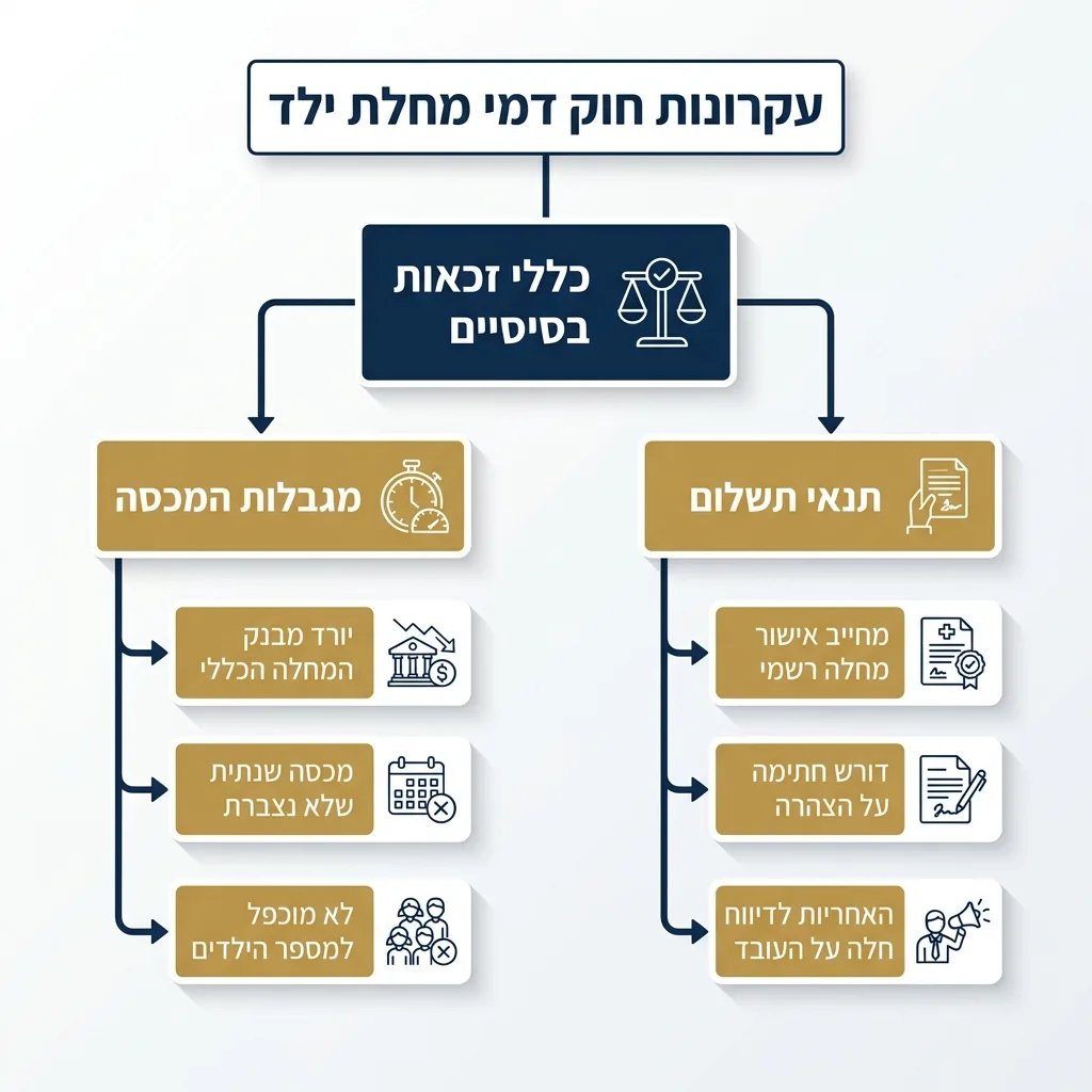 אינפוגרפיקה — עקרונות חוק דמי מחלת ילד: כללי זכאות בסיסיים