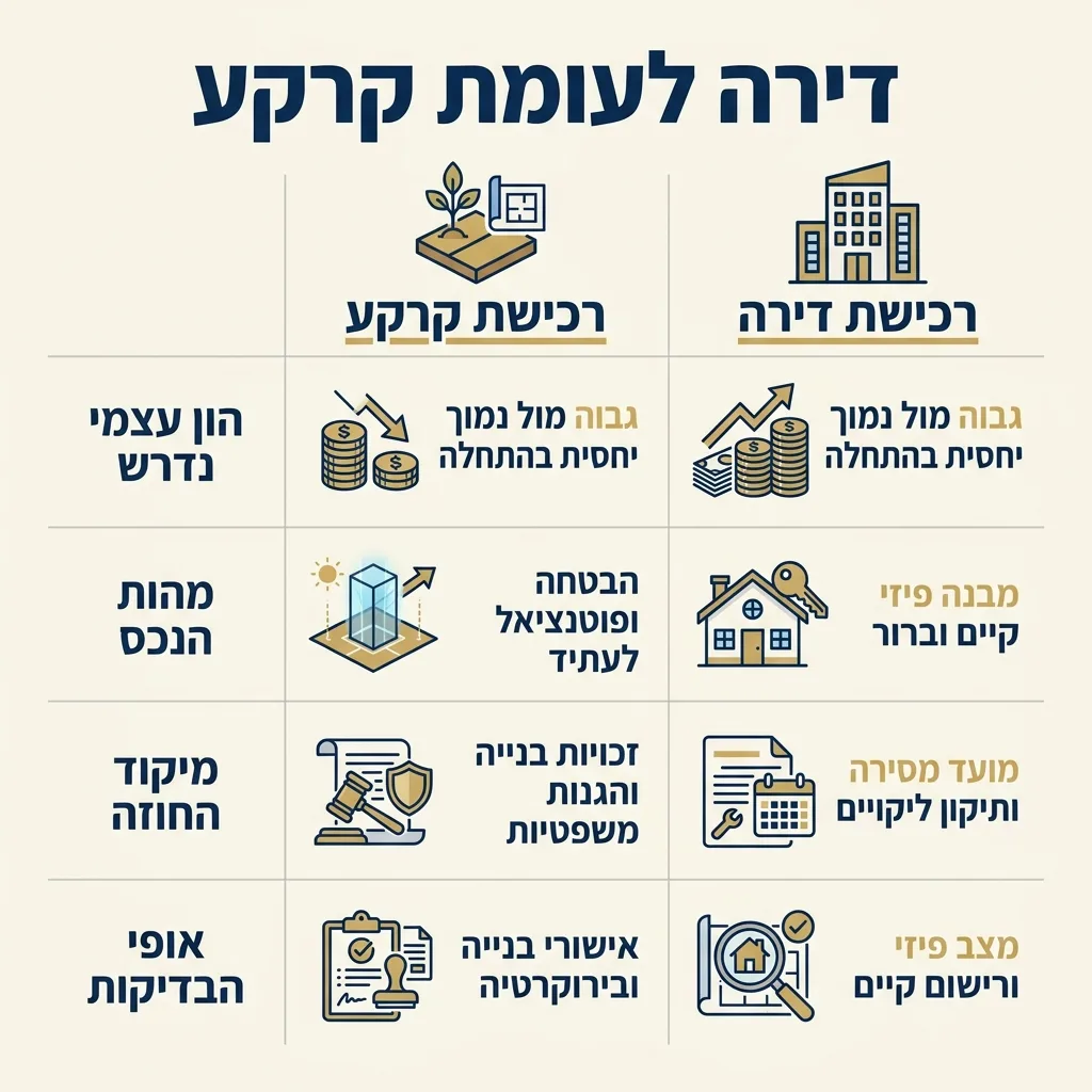אינפוגרפיקה — דירה לעומת קרקע: השוואה בין רכישת דירה, רכישת קרקע