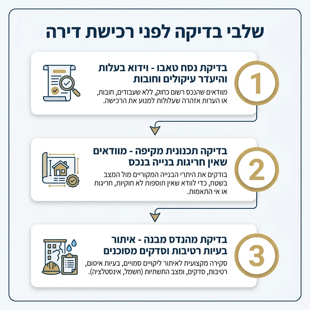 אינפוגרפיקה — שלבי בדיקה לפני רכישת דירה: בדיקת נסח טאבו, בדיקה תכנונית מקיפה, בדיקת מהנדס מבנה