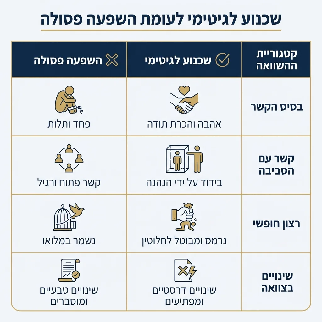 אינפוגרפיקה — שכנוע לגיטימי לעומת השפעה פסולה: השוואה בין השפעה לגיטימית, השפעה בלתי הוגנת