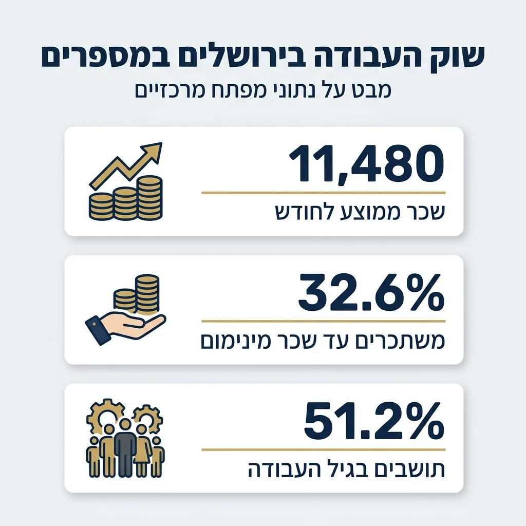 אינפוגרפיקה — שוק העבודה בירושלים במספרים: שכר ממוצע לחודש, משתכרים עד שכר מינימום, תושבים בגיל העבודה