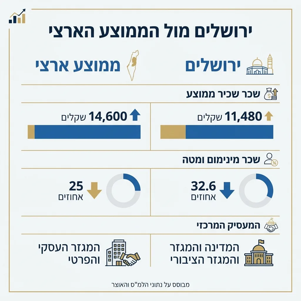 אינפוגרפיקה — ירושלים מול הממוצע הארצי: השוואה בין ירושלים, ממוצע ארצי