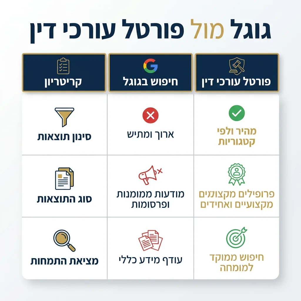 אינפוגרפיקה — גוגל מול פורטל עורכי דין: השוואה בין חיפוש בגוגל, פורטל עורכי דין