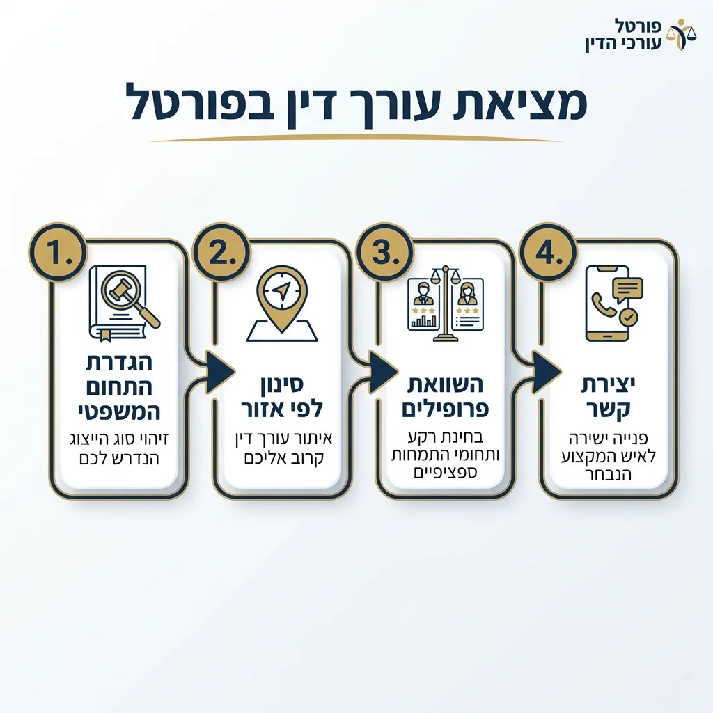 אינפוגרפיקה — מציאת עורך דין בפורטל: הגדרת התחום המשפטי, סינון לפי אזור, השוואת פרופילים, יצירת קשר
