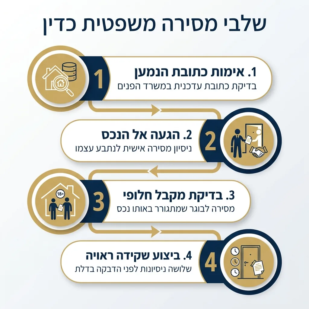 אינפוגרפיקה — שלבי מסירה משפטית כדין: אימות כתובת הנמען, הגעה אל הנכס, בדיקת מקבל חלופי, ביצוע שקידה ראויה