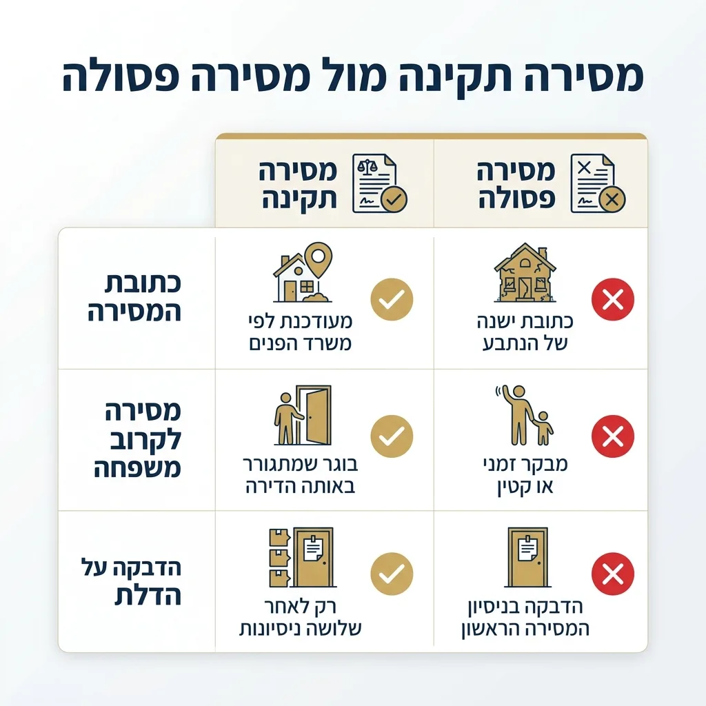 אינפוגרפיקה — מסירה תקינה מול מסירה פסולה: השוואה בין מסירה חוקית, מסירה פסולה