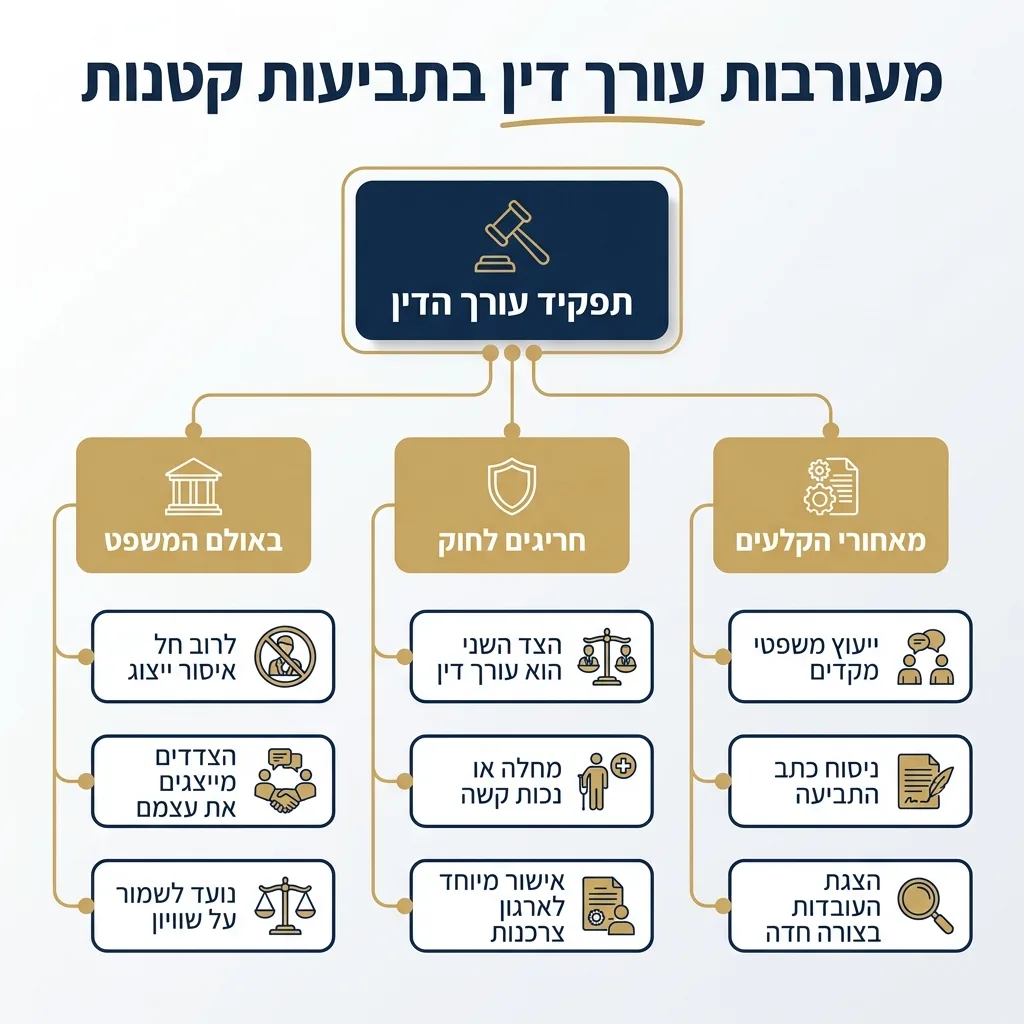 אינפוגרפיקה — מעורבות עורך דין בתביעות קטנות: תפקיד עורך הדין