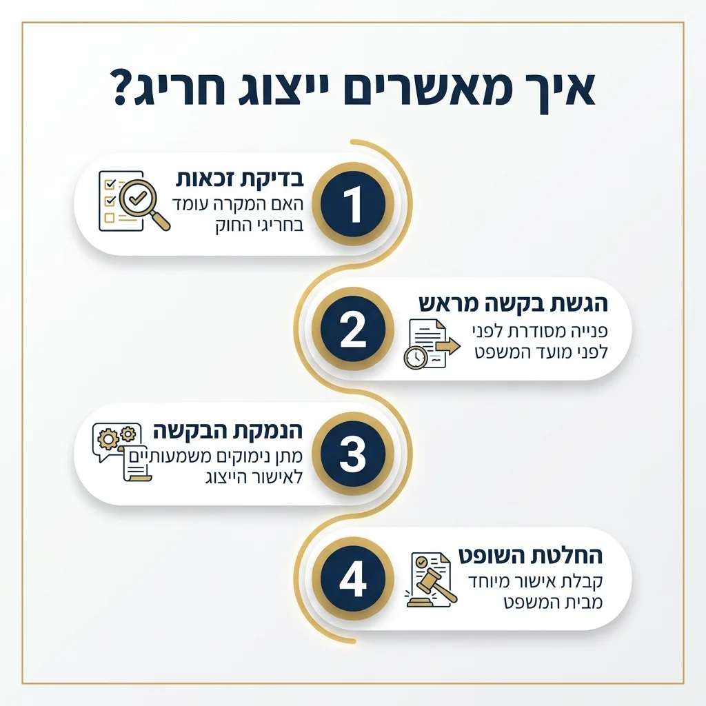 אינפוגרפיקה — איך מאשרים ייצוג חריג?: בדיקת זכאות, הגשת בקשה מראש, הנמקת הבקשה, החלטת השופט
