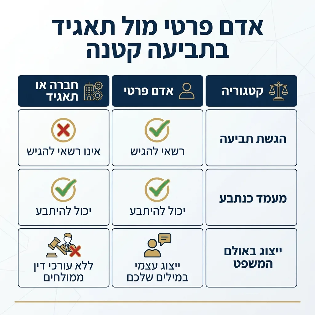 אינפוגרפיקה — אדם פרטי מול תאגיד בתביעה קטנה: השוואה בין אדם פרטי, חברה או תאגיד