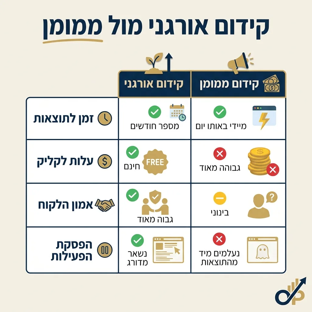 אינפוגרפיקה — קידום אורגני מול ממומן: השוואה בין קידום אורגני, קידום ממומן