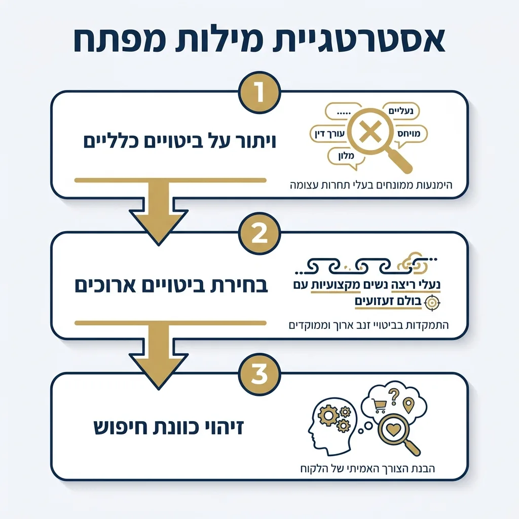 אינפוגרפיקה — אסטרטגיית מילות מפתח: ויתור על ביטויים כלליים, בחירת ביטויים ארוכים, זיהוי כוונת חיפוש