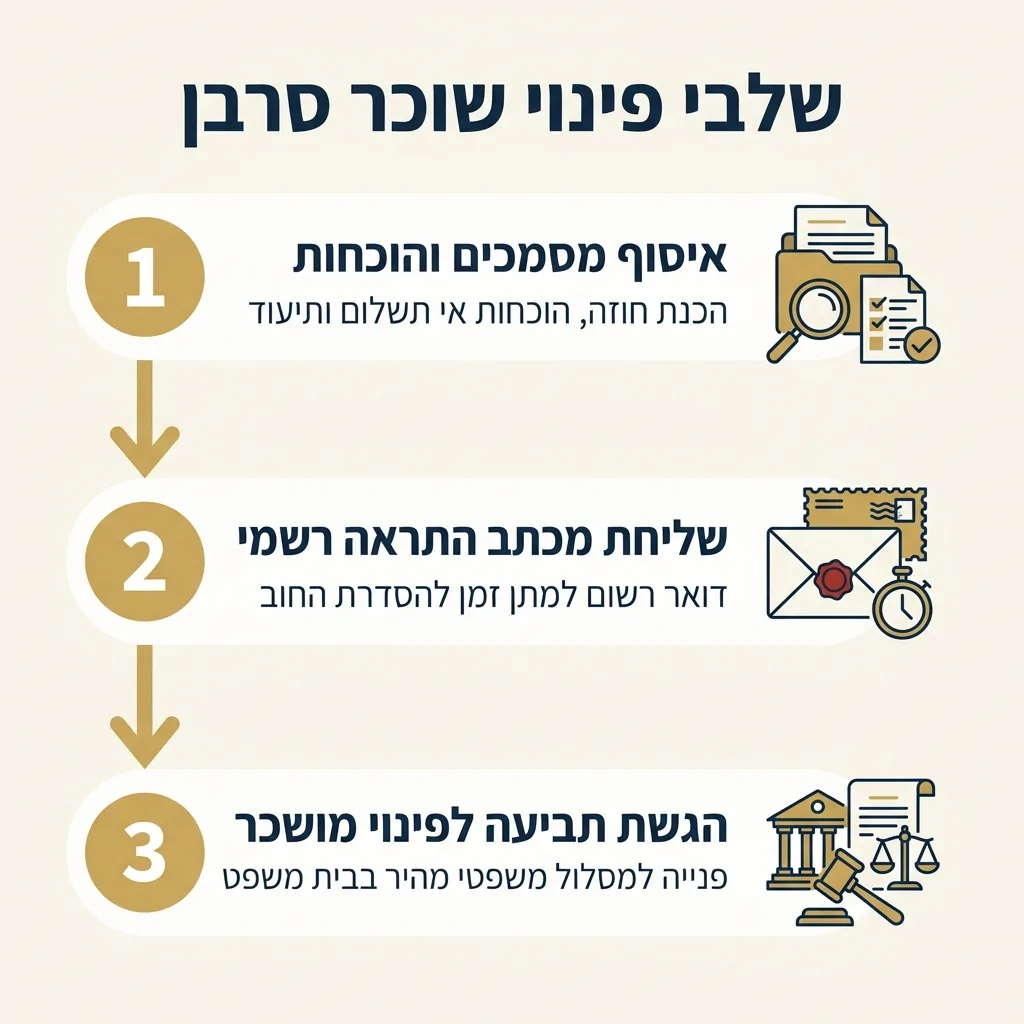 אינפוגרפיקה — שלבי פינוי שוכר סרבן: איסוף מסמכים והוכחות, שליחת מכתב התראה רשמי, הגשת תביעה לפינוי מושכר