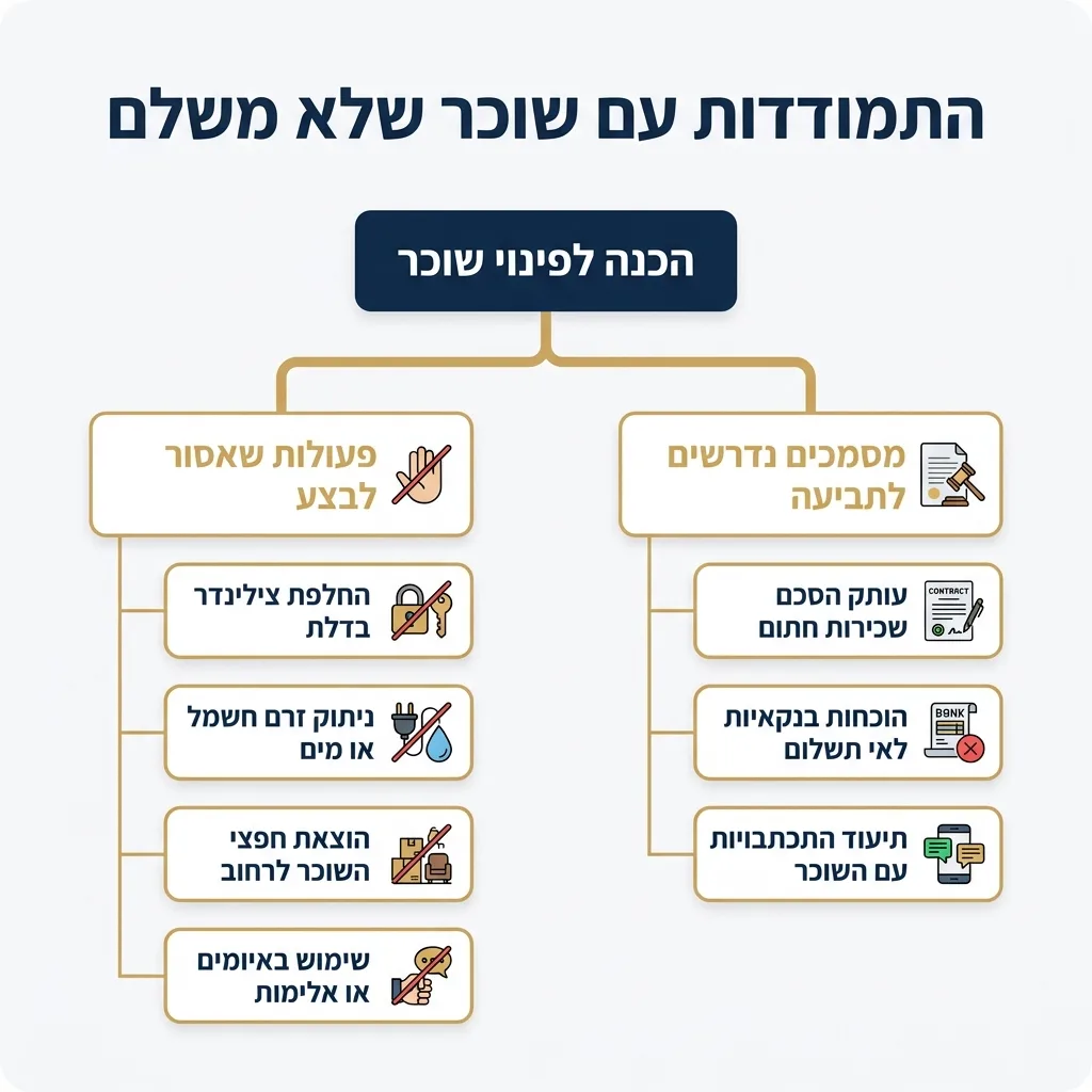 אינפוגרפיקה — התמודדות עם שוכר שלא משלם: הכנה לפינוי שוכר