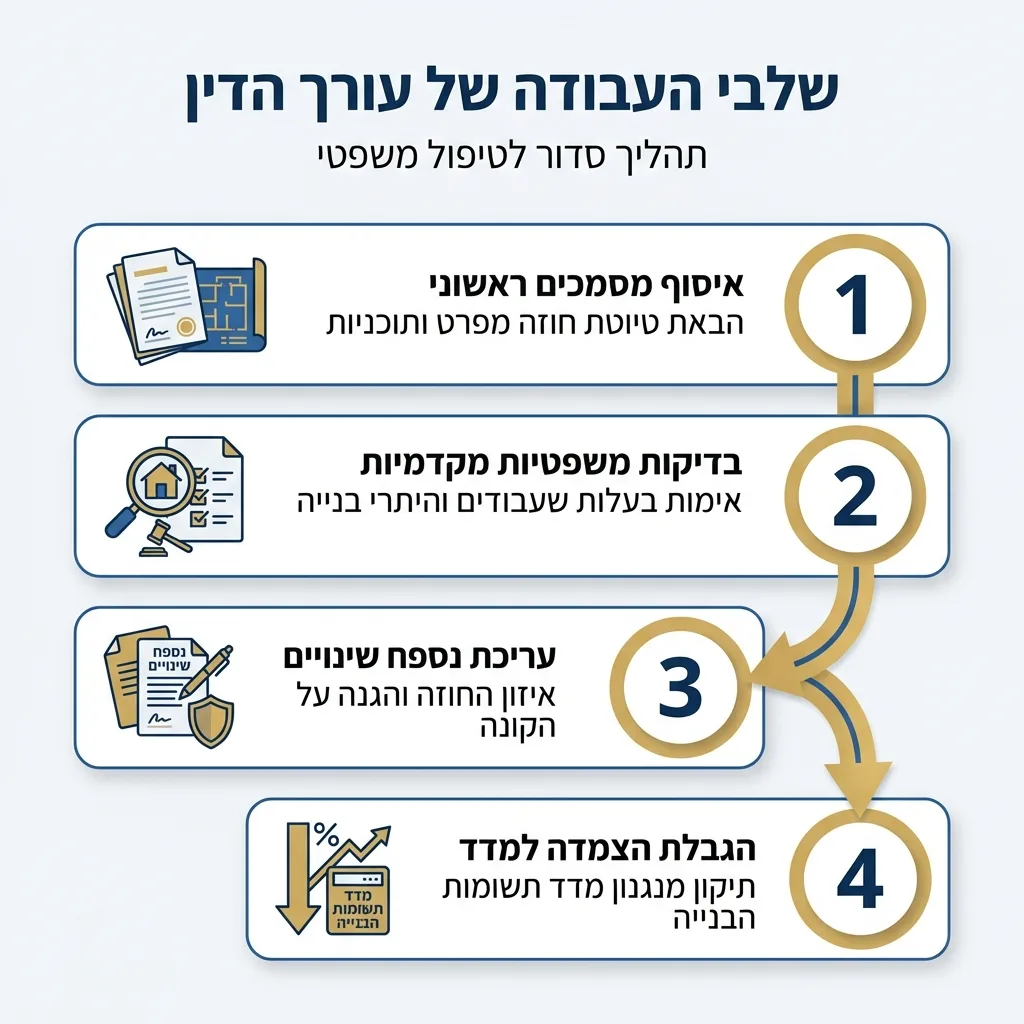 אינפוגרפיקה — שלבי העבודה של עורך הדין: איסוף מסמכים ראשוני, בדיקות משפטיות מקדמיות, עריכת נספח שינויים, הגבלת הצמדה למדד