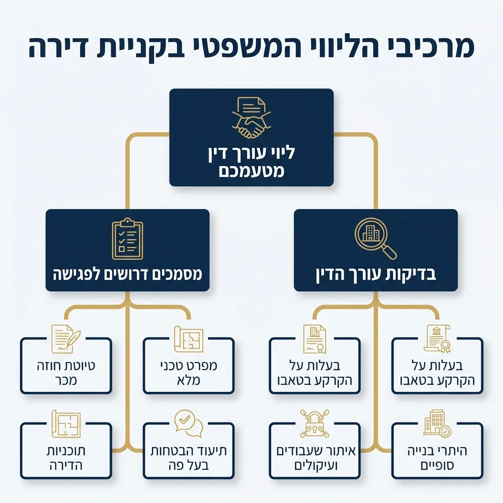 אינפוגרפיקה — מרכיבי הליווי המשפטי בקניית דירה: ליווי עורך דין מטעמכם