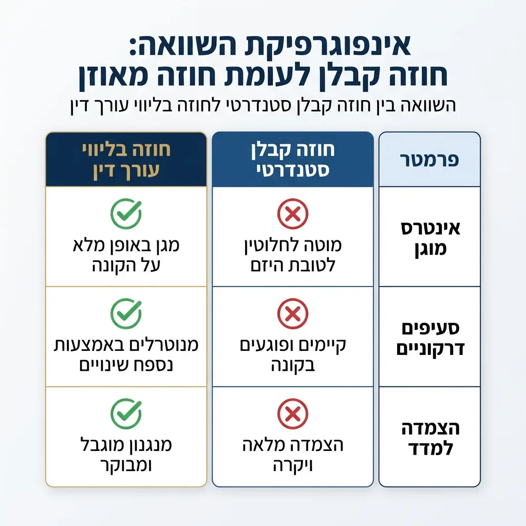 אינפוגרפיקה — חוזה קבלן לעומת חוזה מאוזן: השוואה בין חוזה קבלן סטנדרטי, חוזה בליווי עורך דין