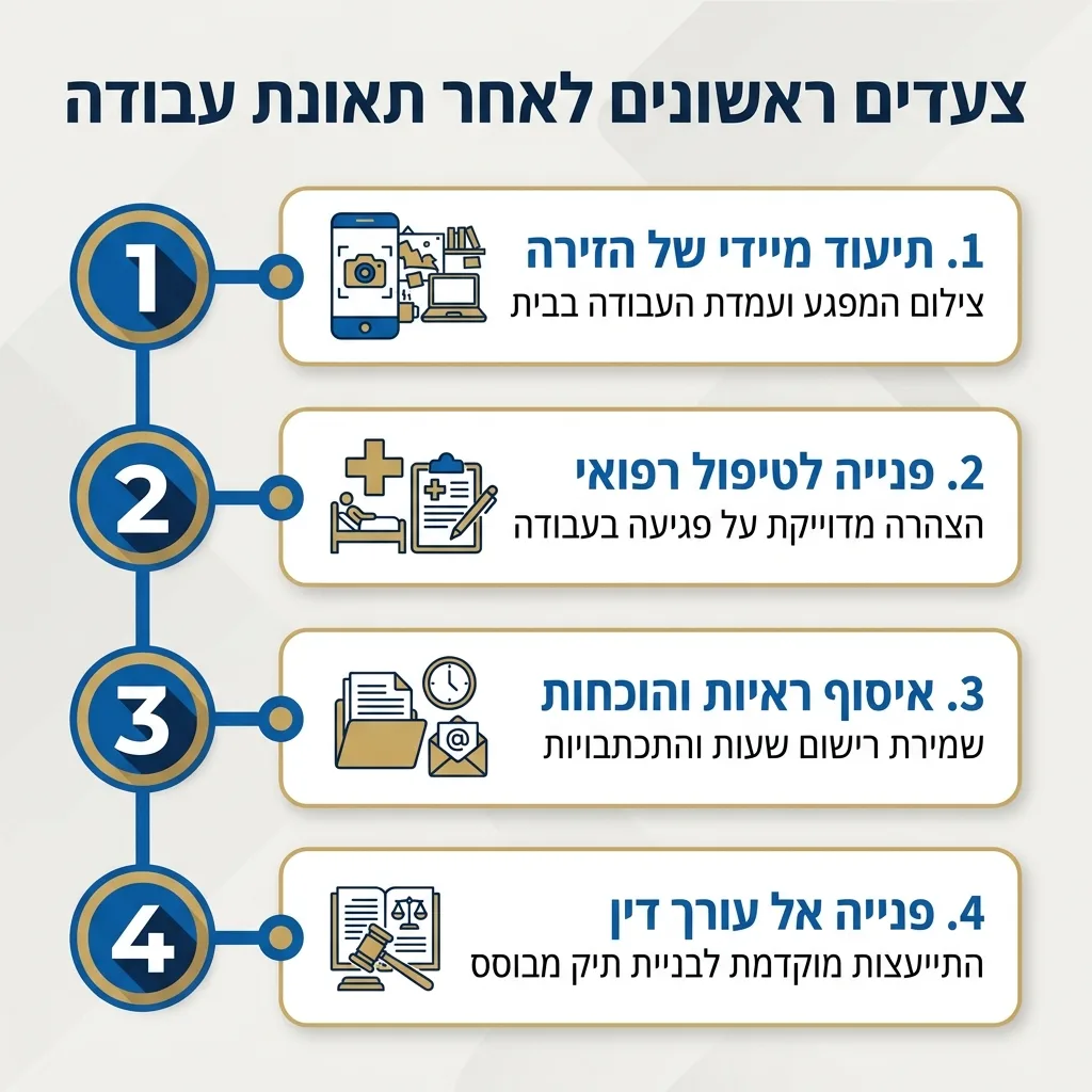 אינפוגרפיקה — צעדים ראשונים לאחר תאונת עבודה: תיעוד מיידי של הזירה, פנייה לטיפול רפואי, איסוף ראיות והוכחות, פנייה אל עורך די