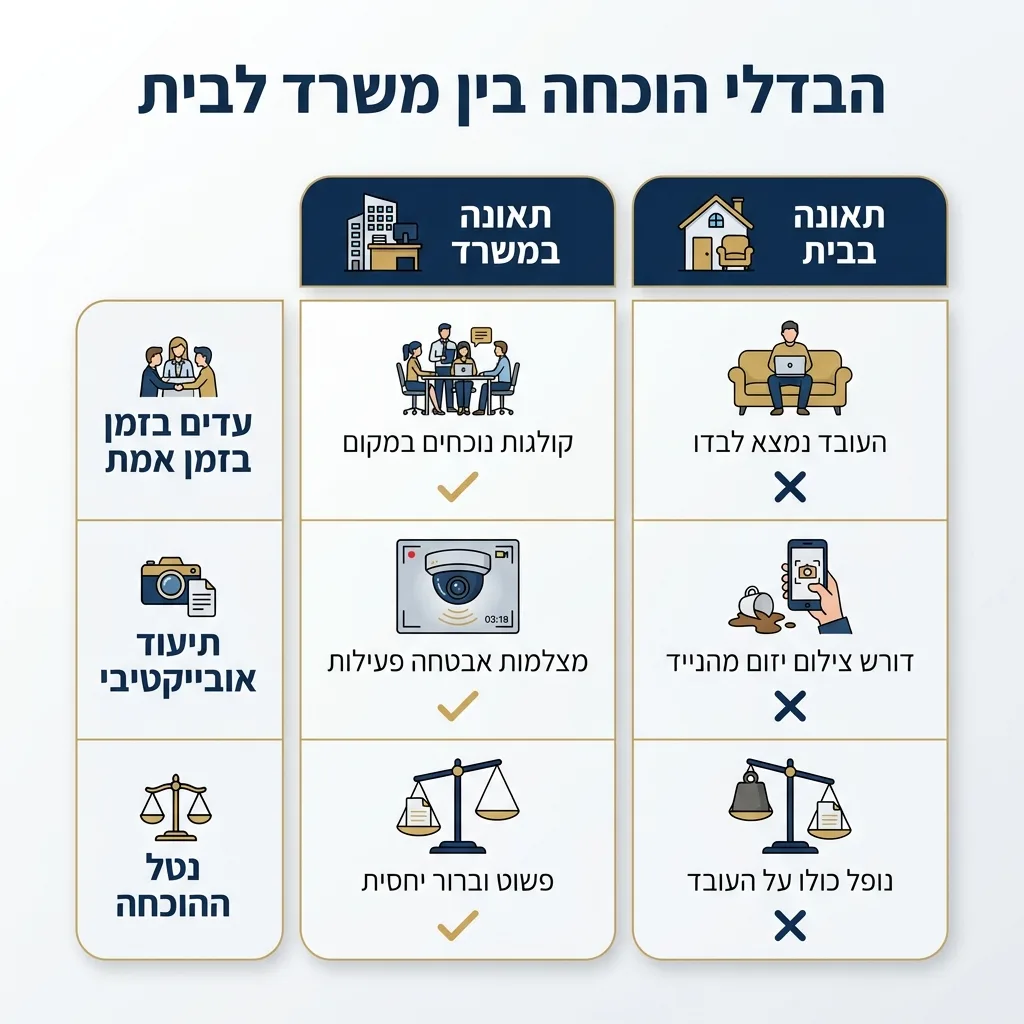 אינפוגרפיקה — הבדלי הוכחה בין משרד לבית: השוואה בין תאונה במשרד, תאונה בבית