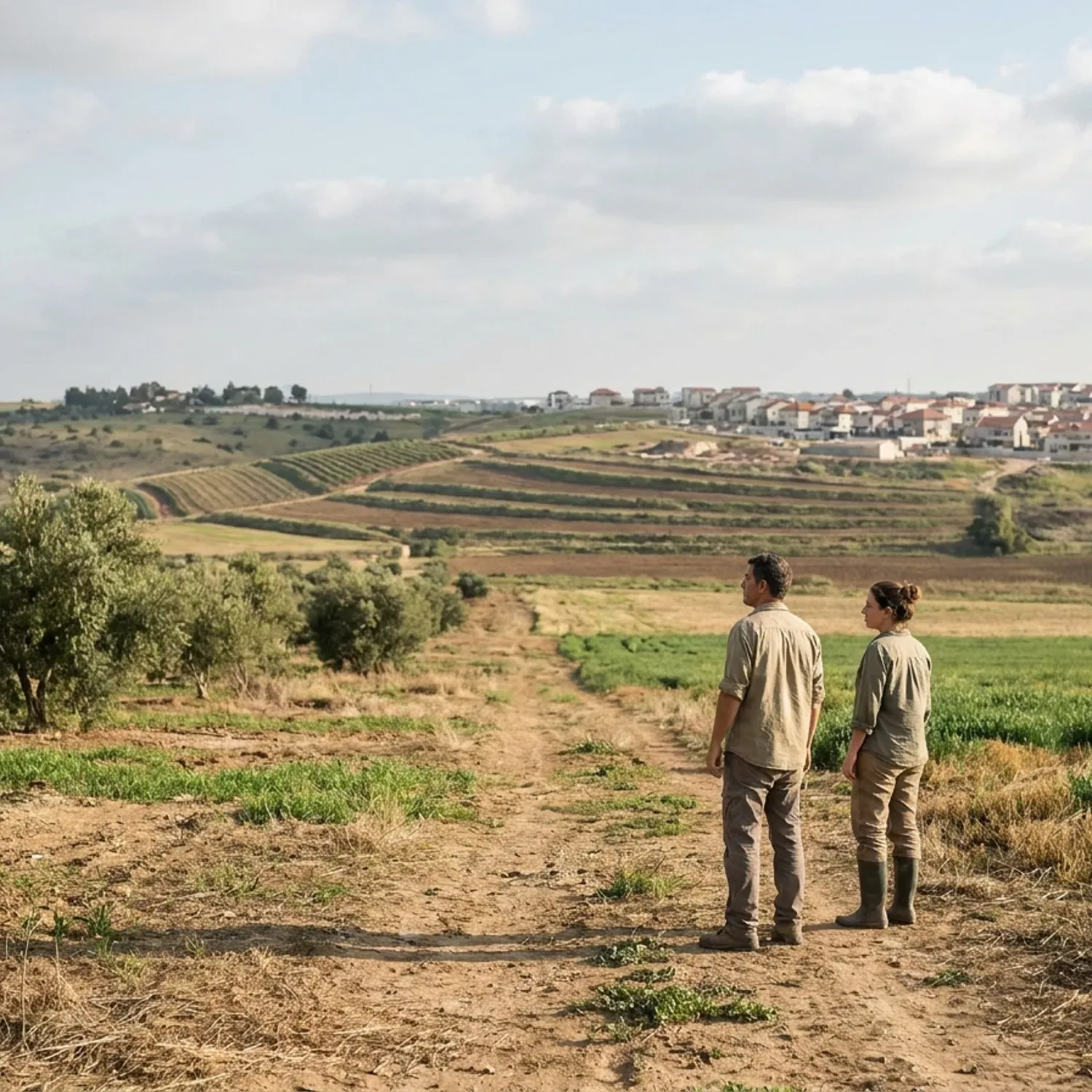 צילום מציאותי באור יום טבעי של שדה חקלאי פתוח בישראל, שני אנשים בלבוש יומיומי עומדים בשביל עפר ומביטים בשטח, ברקע הרחוק נראים בתי שכונת מגורים חדשה, ללא לוגו או טקסט