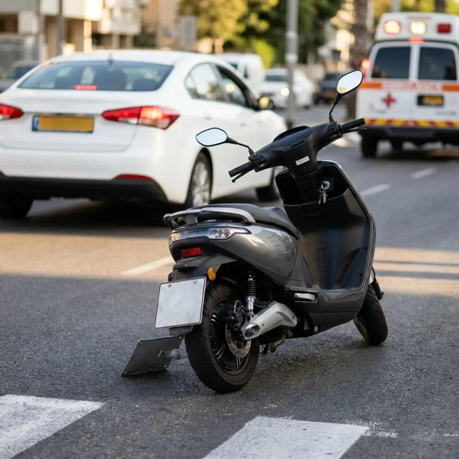 צילום פוטו-ריאליסטי באור יום של קורקינט חשמלי עם לוחית זיהוי מוטל על כביש אספלט עירוני בישראל ליד מעבר חצייה, ברקע רכב פרטי עומד ואמבולנס במרחק בפוקוס רך, מבט מגובה העיניים