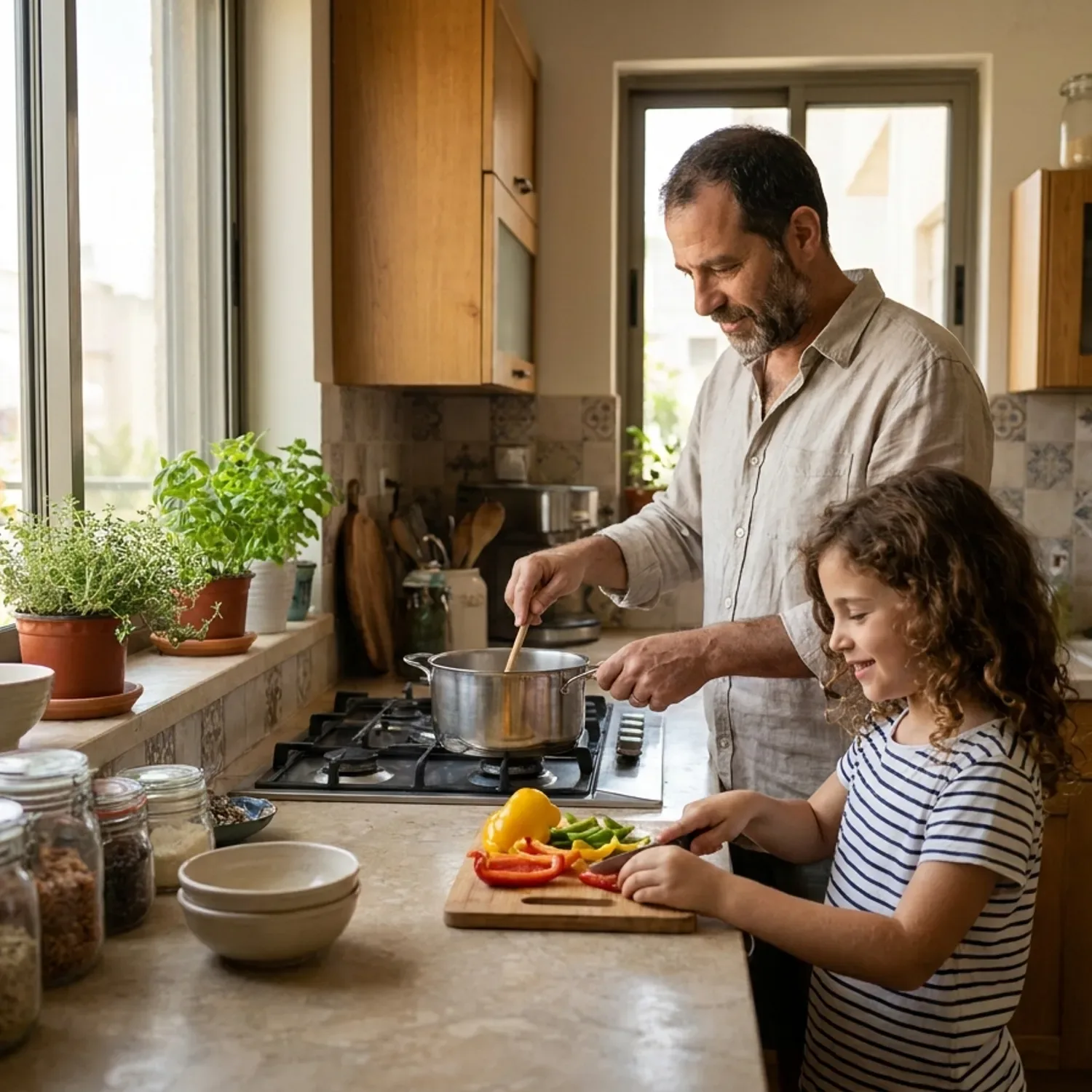 צילום מקצועי באור יום טבעי של אב ישראלי בלבוש יומיומי מכין ארוחת ערב במטבח ביתי חמים בישראל יחד עם בתו בת השמונה, הילדה מחייכת וחותכת ירקות, תחושה של שגרה רגועה וביטחון ביתי ללא סמלים או טקסט